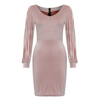 V-neck sequined fringed long sleeve dress
