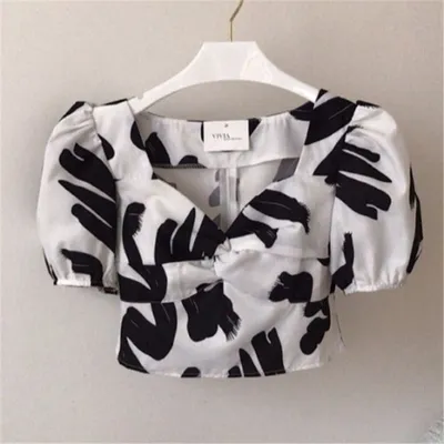 Black And White Contrast Printed Puff Sleeve Top High Waist Swing Skirt