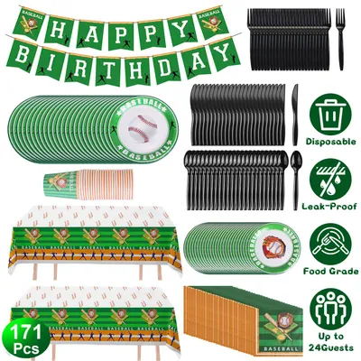 171Pcs Baseball Party Supplies Kit Baseball Birthday Party Disposable Dinnerware Set Baseball Themed Party Tableware Decorations Cups Plates Napkins Spoons Knives Forks Tableclothes