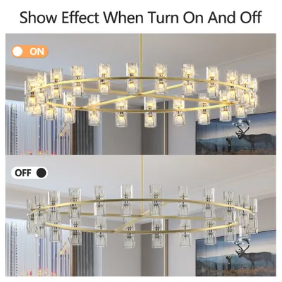 48 Inch Gold Wagon Wheel Chandelier With Crystal Shade, 48 Lights, Modern Farmhouse Style, Ideal For Dining Room, Kitchen, Entryways