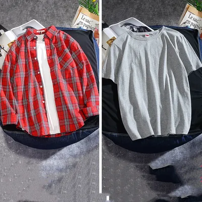 Spring And Autumn Ins Plaid Shirt Men's Long Sleeve