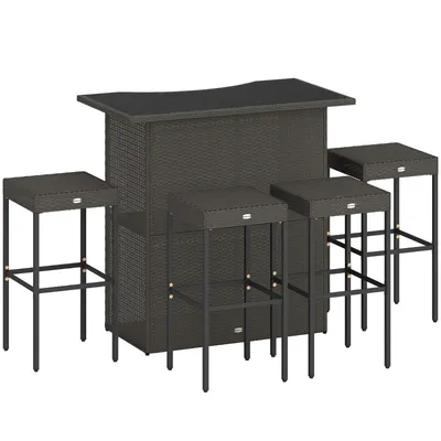 5 Piece Rattan Wicker Bar Set, High Top Outdoor Table And Chairs, Bar Height Patio Set, 2 Shelves & 4 Bar Stools, Brown