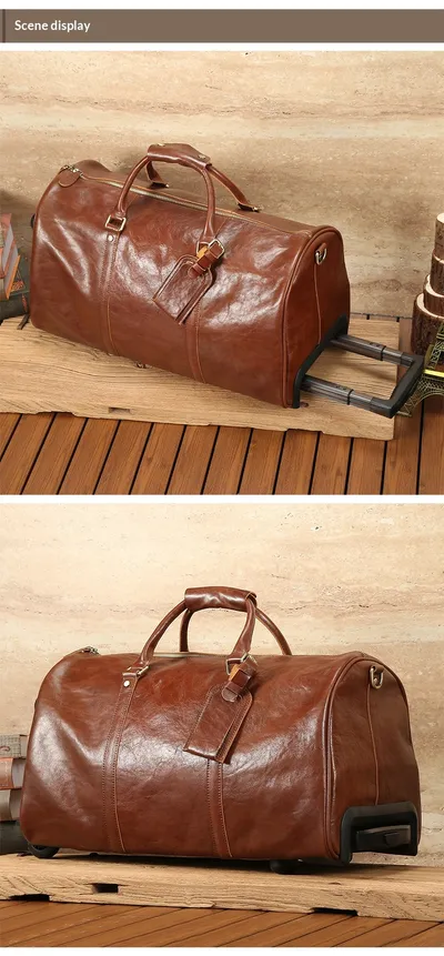New Crazy Horse Leather Trolley Travel Bag, Retro Genuine Leather Travel Bag, Large Capacity Business Travel Luggage