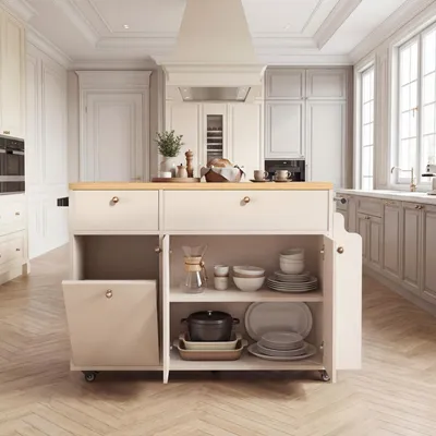 Kitchen Island With Storage Rolling Kitchen Island Cart With Drop Leaf Extension, Natural Wood Top, Drawers, Spice Rack, Towel Bar, Mobile Kitchen Cart For Kitchen & Dining Room, White