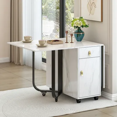 Folding Dining Table 1 Piece With Cupboard And 2 Drawers, Folding Kitchen Utility Table, Space-saving Dining Table With 4 Supporting Legs On Gliders White  Black