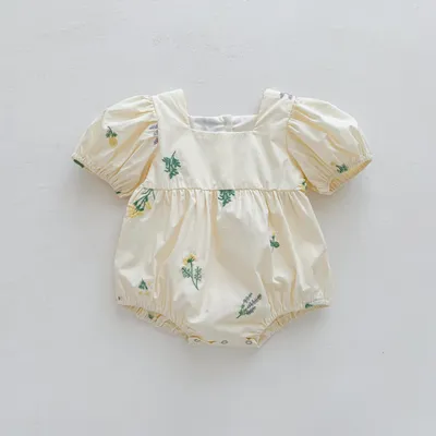 Thin Cotton Embroidery Puff Short Sleeve Baby Bodysuit Jumpsuit