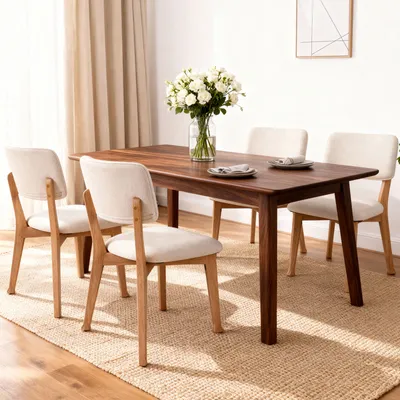 Wooden Dining Chairs Set Of 2, Mid Century Modern Kitchen Chairs With Fabric Upholstered And Curved Backrest For Dining Room Restaurant Or Cafe 300LBS Capacity, Natural