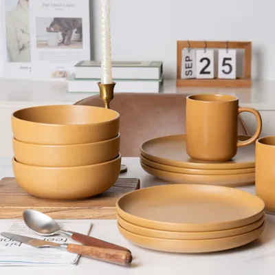 12-Piece Stoneware Dinnerware Sets With Mugs  Microwave & Dishwasher Safe Non-Toxic Dinner Plates Bowls Set  Stackable Matte Glaze Kitchenware For 3