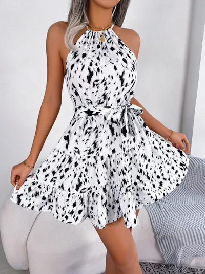 Casual Leopard Print Ruffled Swing Dress Summer Fashion Beach Dresses Women