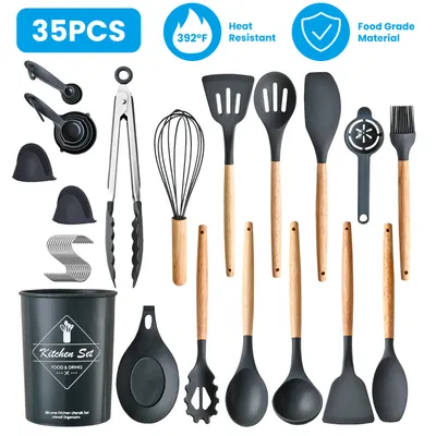 4 Colors Options -- Set Of 35Pcs Kitchen Cooking Utensils Set Spatula Set Baking Utensil Set Kitchen Accessories Necessities With Holder Egg Whisk Separator Tong Turner Spoons Cups