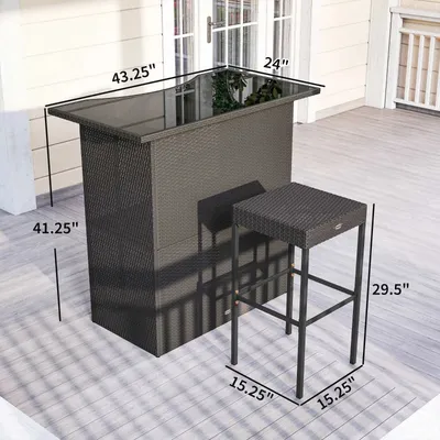 5 Piece Rattan Wicker Bar Set, High Top Outdoor Table And Chairs, Bar Height Patio Set, 2 Shelves & 4 Bar Stools, Brown