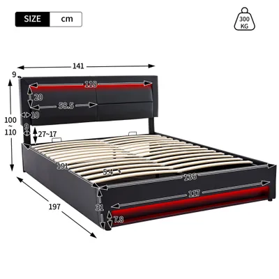 Upholstered Bed 150 X 200 Cm, King Size Bed-5ft,with USB Port Supports Wireless And Wired Charging, With LED Lighting And Storage Space, Without Mattress, PU Lychee Pattern, Black