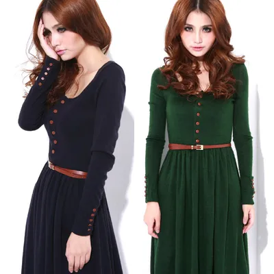 Long-sleeve Button Retro Art Style Knitted  Dress