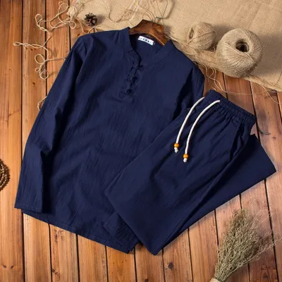 New Chinese Style Cotton And Linen Autumn Men's Long-sleeved Trousers Suit