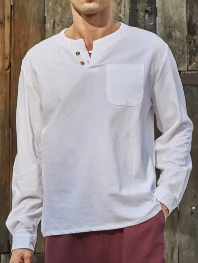 New Men's Youth Thin Two-Button V-Neck Linen Long Sleeve Shirt