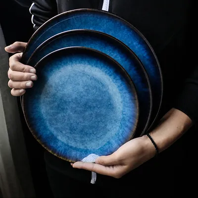 Creative Household Blue Ceramic Plate Tray Retro Tableware