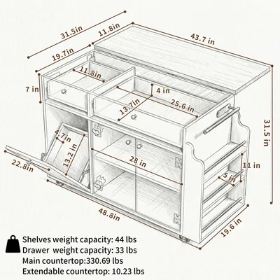 Kitchen Island With Storage Rolling Kitchen Island Cart With Drop Leaf Extension, Natural Wood Top, Drawers, Spice Rack, Towel Bar, Mobile Kitchen Cart For Kitchen & Dining Room, White