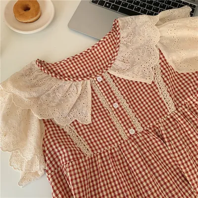 Lace Sweet Lace Princess Plaid Outerwear Nightdress For Women