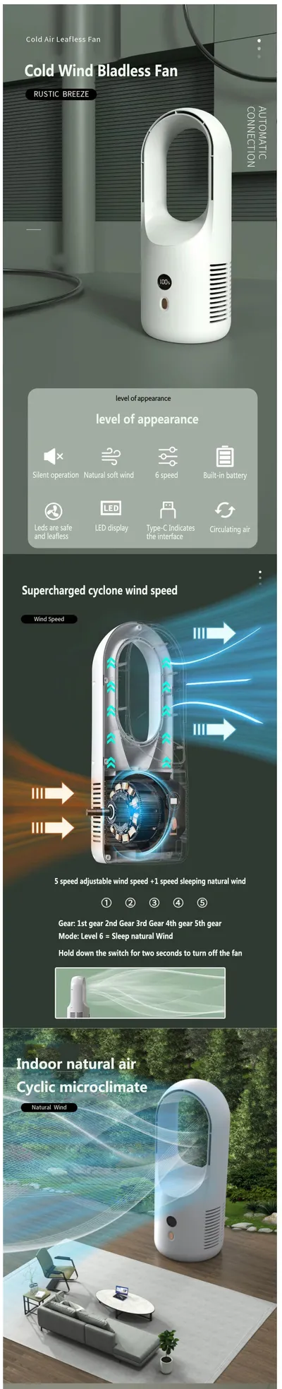 Electric Bladeless Fan Cooler Desktop Portable Usb Rechargable Air Cooling Fan Wireless Led Display Silent 360 Circulation