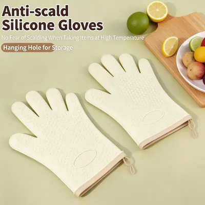 Silicone Oven Mitts Heat Resistant, Thick 5-Finger Kitchen Gloves With Cotton Lining For Baking BBQ Cooking, Non-Slip Waterproof Protective Gloves For Hot Pot Handling