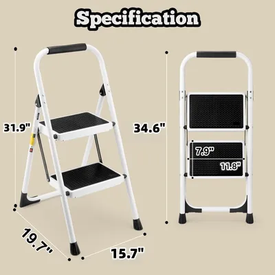 2 Step Folding Ladder Stool In White - Compact Design For Home Use