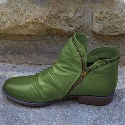Round Toe Chunky Heel Double Zipper Ankle Boots