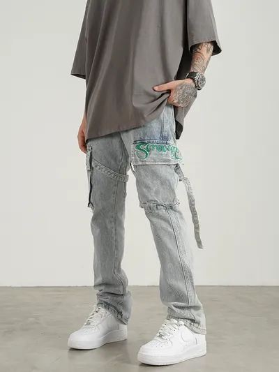 Men's Fashion And Comfort Embroidered Lace-up Micro Flared Jeans