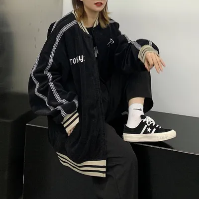 Hong Kong Style Couple Baseball Uniform Cardigan Loose Embroidery Black
