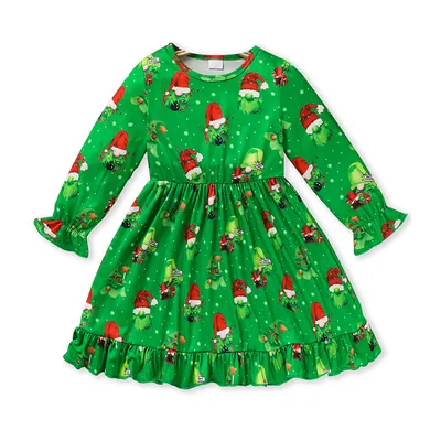 Toddler Kids Baby Girl Christmas Dress Outifts, Long Sleeves Cartoon Prints Party Dress With Heart Print Vest Coat Xmas Clothes Set