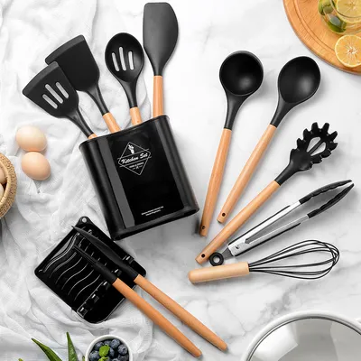 Kitchen Wooden Handle Kitchenware Set With Storage Square Bucket