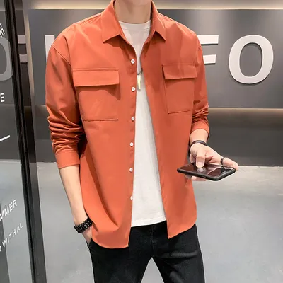 Solid Color Fashion Men's Long-sleeved Loose Two-pocket Shirt