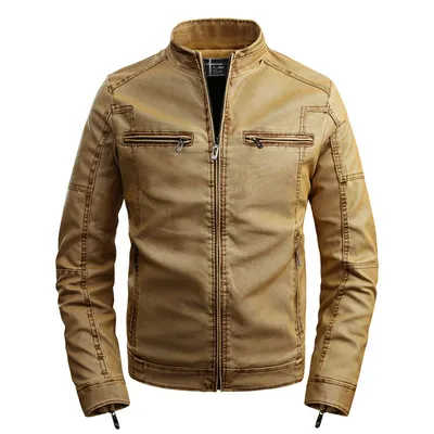 Men's stand collar plus velvet PU leather jacket
