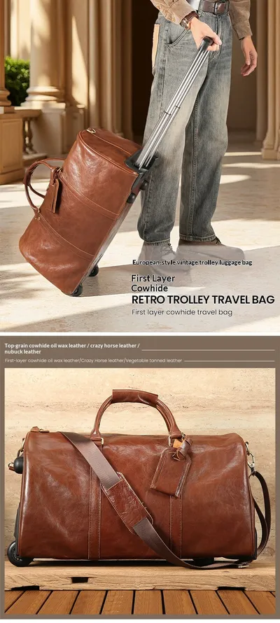 New Crazy Horse Leather Trolley Travel Bag, Retro Genuine Leather Travel Bag, Large Capacity Business Travel Luggage