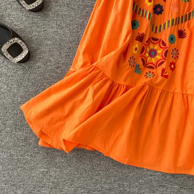 Women's Boho Embroidered V-Neck Loose Ruffle Long Skirt