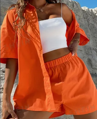 Solid Button Through Drop Shoulder Shirt & Shorts