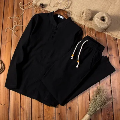 New Chinese Style Cotton And Linen Autumn Men's Long-sleeved Trousers Suit