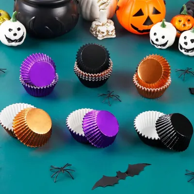 300 Pcs Halloween Foil Cupcake Liners Black Purple Orange Foil Metallic Cupcake Wrappers Muffin Liners For Halloween Party Supplies Table Decor