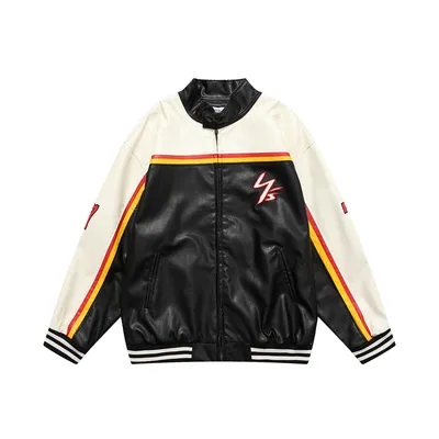 Men's Colorblock Stitching Zipper Stand Collar Leather Jacket