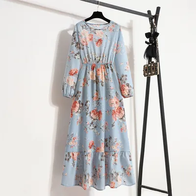 Women's Round Neck Long Sleeve Pullover Floral Dress