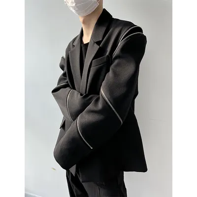 Men's Zippered Sleeve Splicing Black Suit