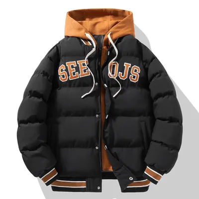 Fashion Letter Hooded Cotton Coat Winter Warm Solid Zipper Jacket For Men Teenagers Clothing