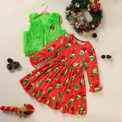 Toddler Kids Baby Girl Christmas Dress Outifts, Long Sleeves Cartoon Prints Party Dress With Heart Print Vest Coat Xmas Clothes Set