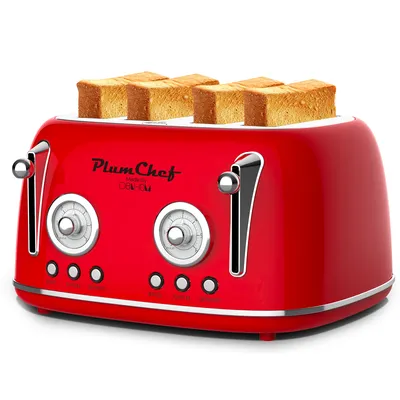 4 Slice Retro Toaster, Dual Control Toaster, 6 Settings, Bagel, Defrost, Removable Crumb Tray, Stainless Steel Housing, 1650W, Red, Amazon Resale Prohibited