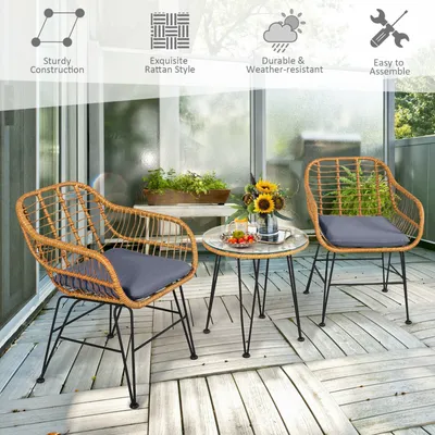 3 Pieces Rattan Furniture Set With Cushioned Chair Table