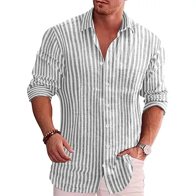 Casual Youth Lapel Striped Cotton Shirt