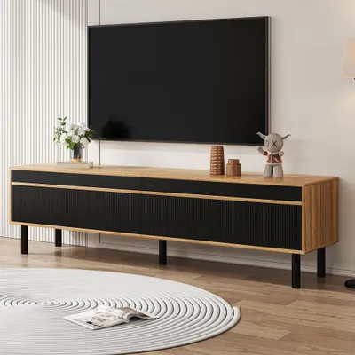 TV Cabinet, TV Table, TV Panel, Low Cabinet With Four Doors. Fine Texture. Black And Wood Color.