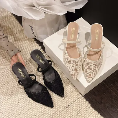 New French Baotou Half Dragging Style Pointed Lace Mesh Fine Heel Slippers For Women