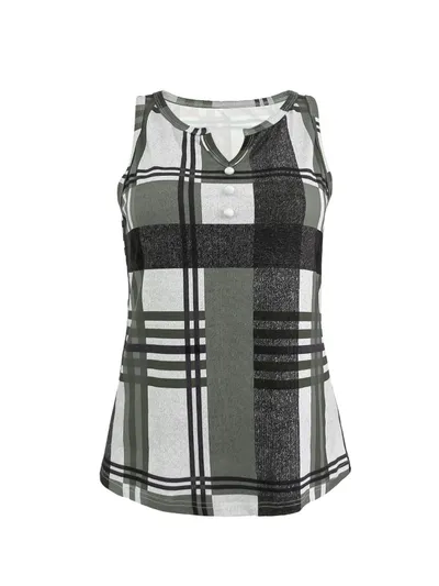 Women's V-Neck Plaid Print Sleeveless Tank Top With Button Detail Casual Summer Vest Top