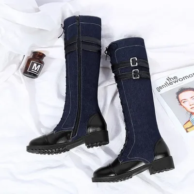 But the knee thick heel low heel denim high boots women