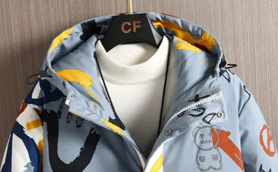 Men's Short Padded Hooded Graffiti Jacket